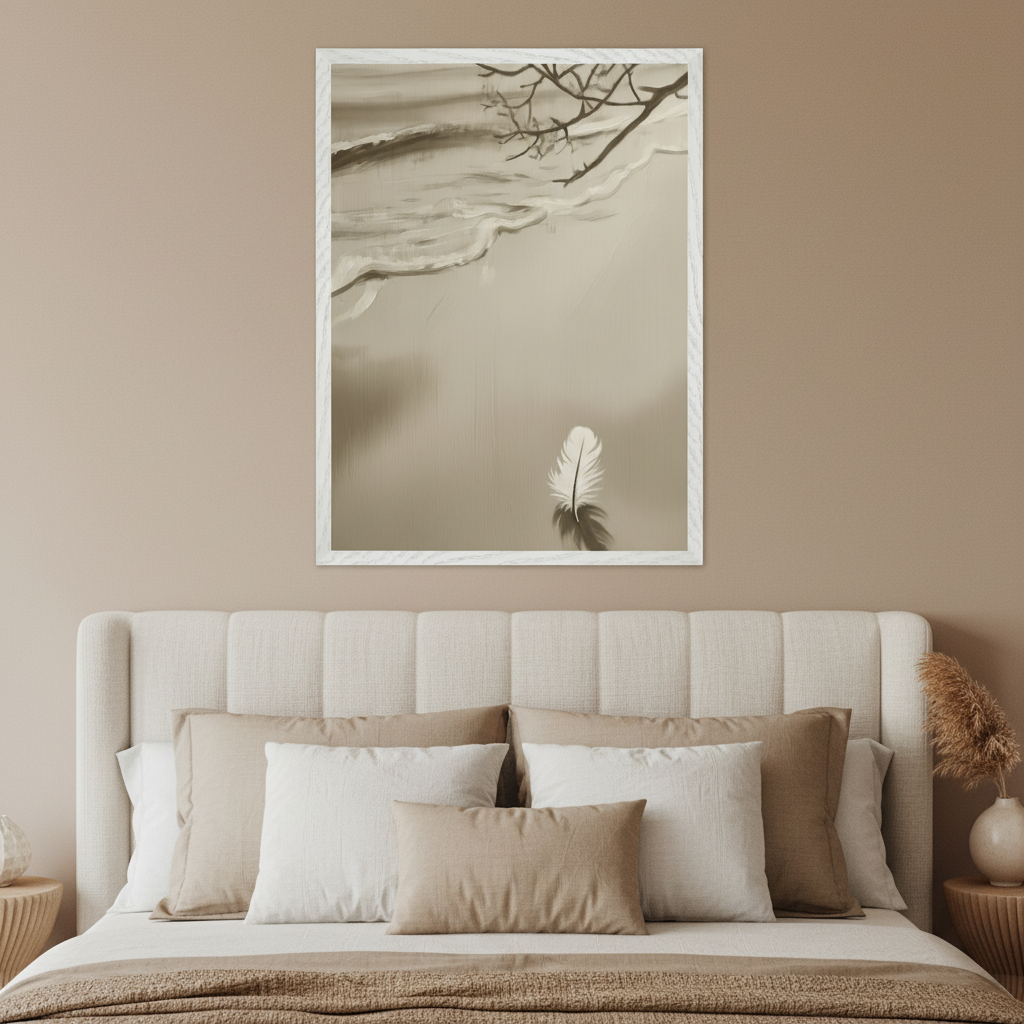 Modern bedroom with a beige upholstered headboard and bed. A framed sepia-toned painting depicting a serene beach with waves, a tree branch, and a white feather on the sand hangs centered above the bed.