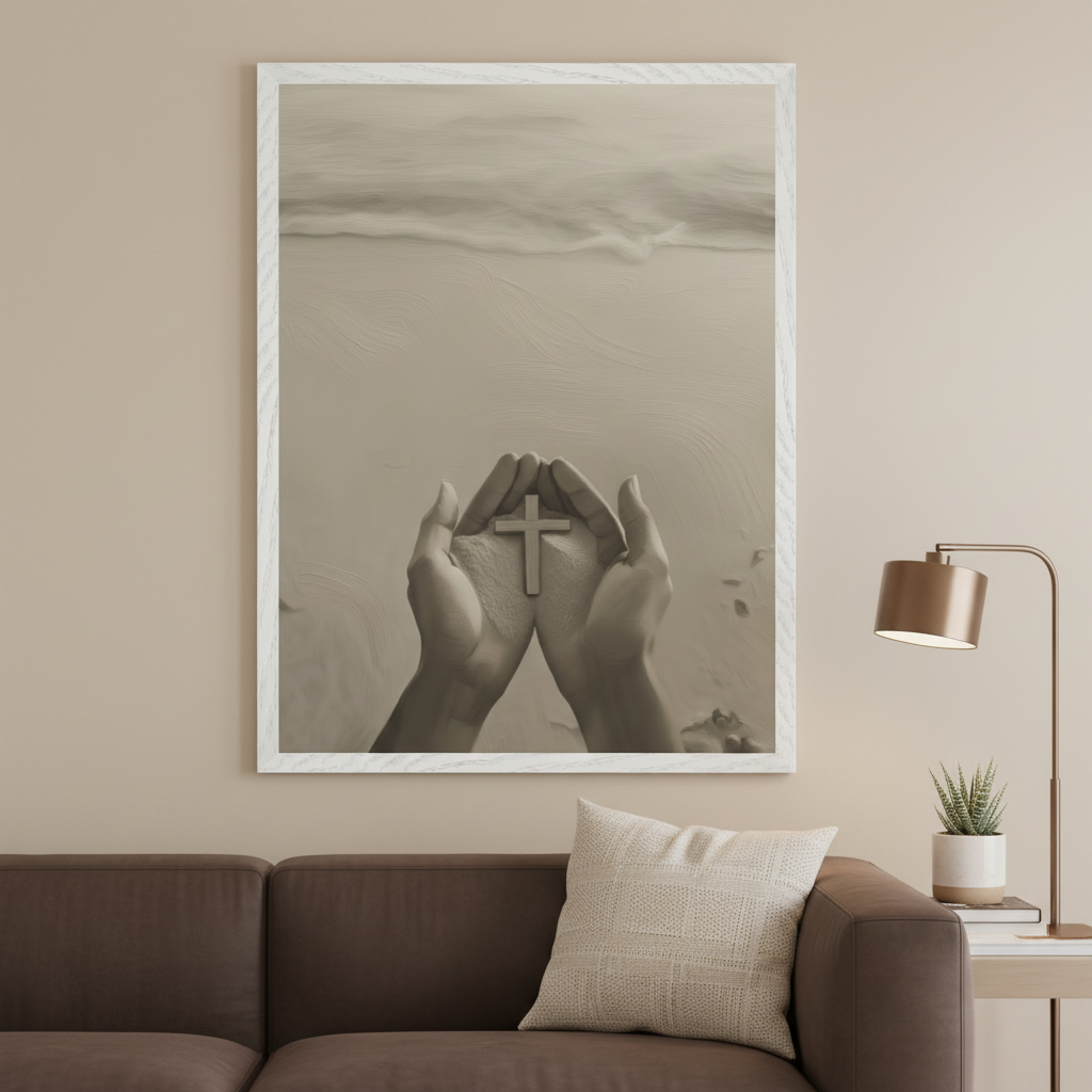 Living room with a brown sofa. A large white-framed, sepia-toned textured print hangs above the sofa, depicting cupped hands holding sand with a small wooden cross against a beach and waves. A bronze lamp and a potted succulent are on a side table to the right.
