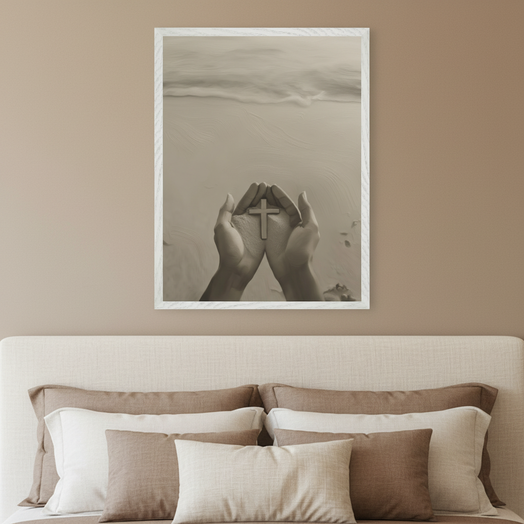Modern bedroom with a fabric headboard bed and neutral pillows. A framed sepia-toned artwork hangs above the bed, depicting cupped hands holding a wooden cross on a sandy beach with waves.