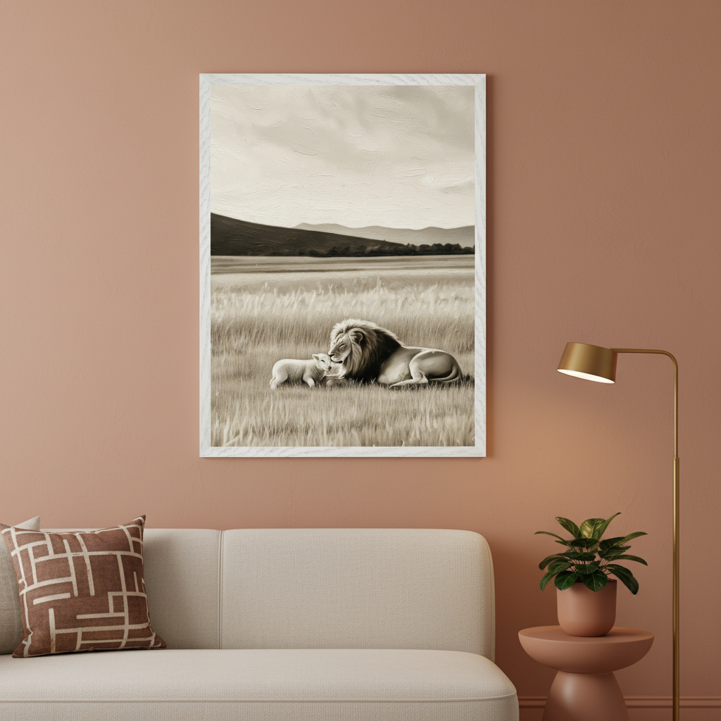 Large framed sepia-toned painting of a lion and lamb in a grassy field hangs centered above a light beige sofa with a patterned pillow in a modern living room. A gold floor lamp and potted plant on a side table are also visible.