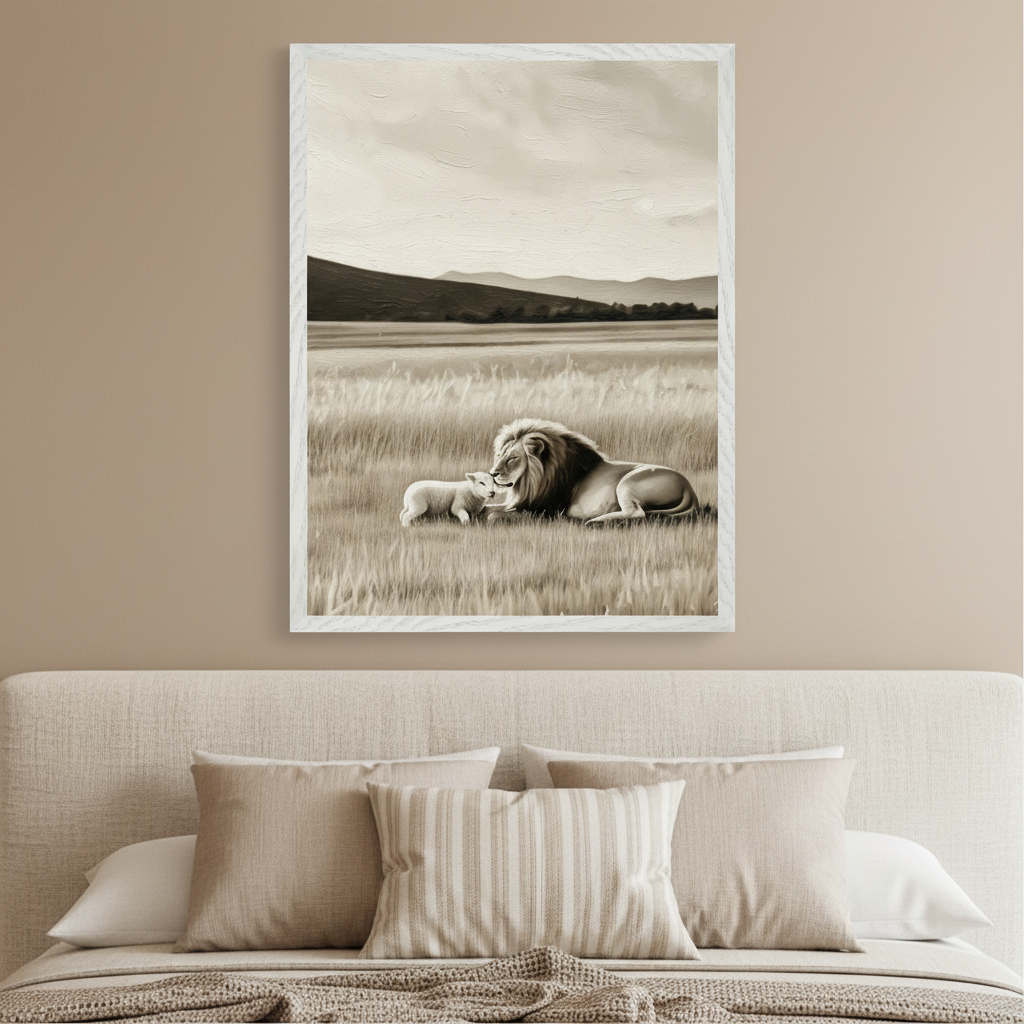 Neutral bedroom with an upholstered bed, pillows, and a throw blanket. A large framed sepia-toned painting of a lion and a lamb in a grassy field with hills in the background hangs centered above the bed.