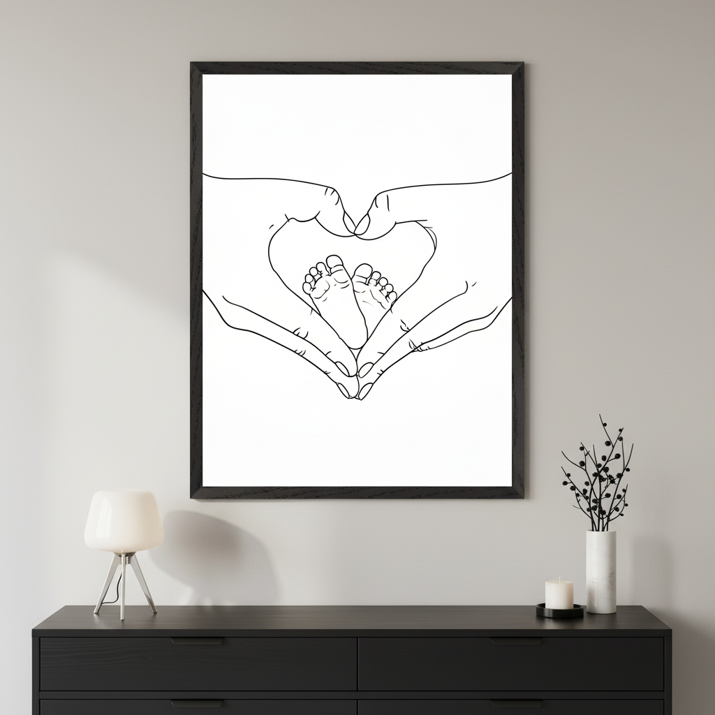 Modern room with a black dresser. A large framed black and white line art print hangs centered above the dresser, depicting hands forming a heart around baby feet.