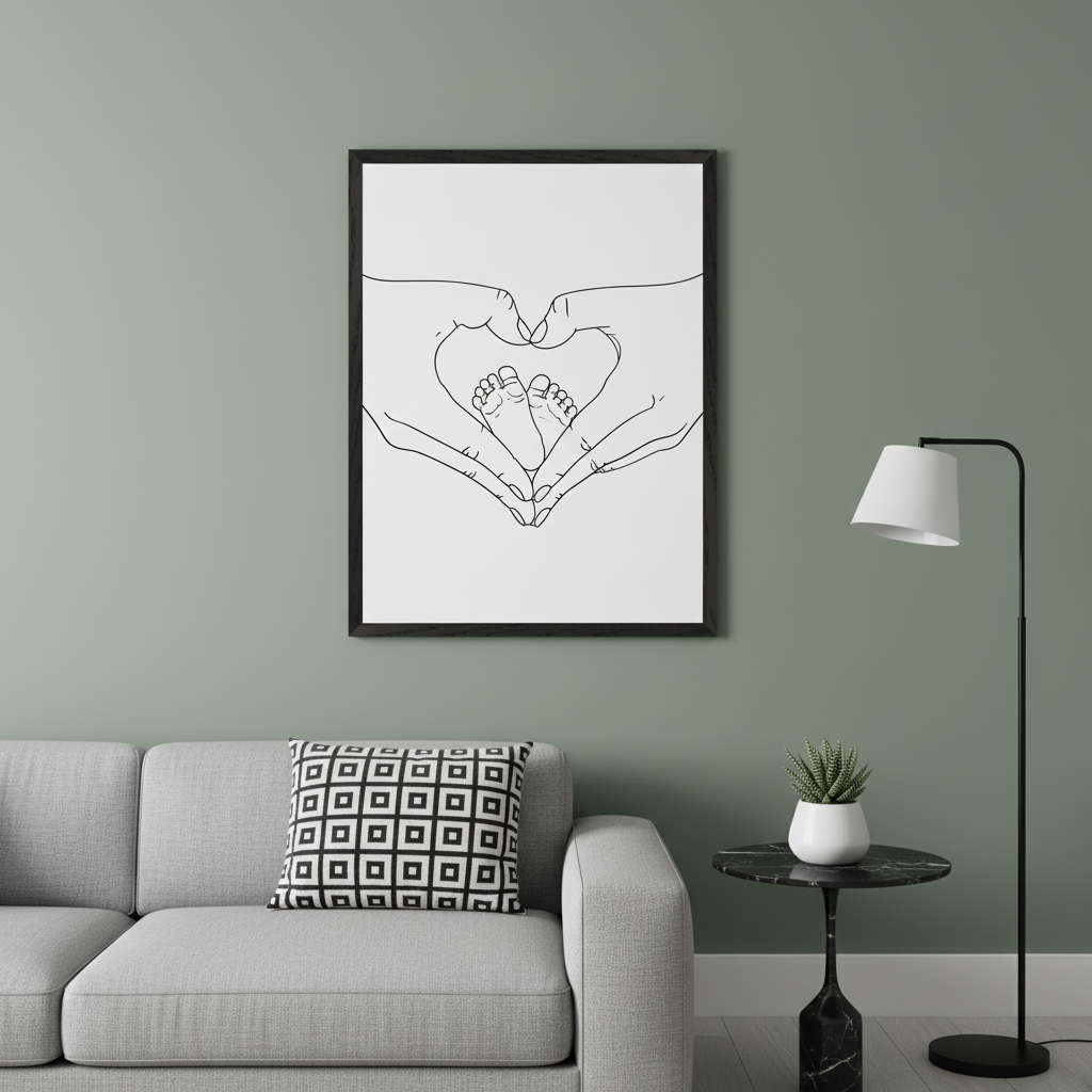 Modern living room with a green wall and a grey sofa. A black-framed line art print hangs centered above the sofa, depicting two hands forming a heart shape around baby feet.
