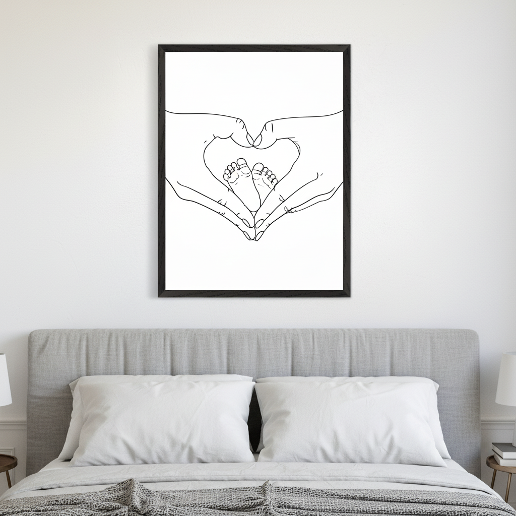 Modern bedroom with a grey upholstered bed and white pillows. A framed black and white line art print of hands forming a heart around baby feet hangs centered above the bed.