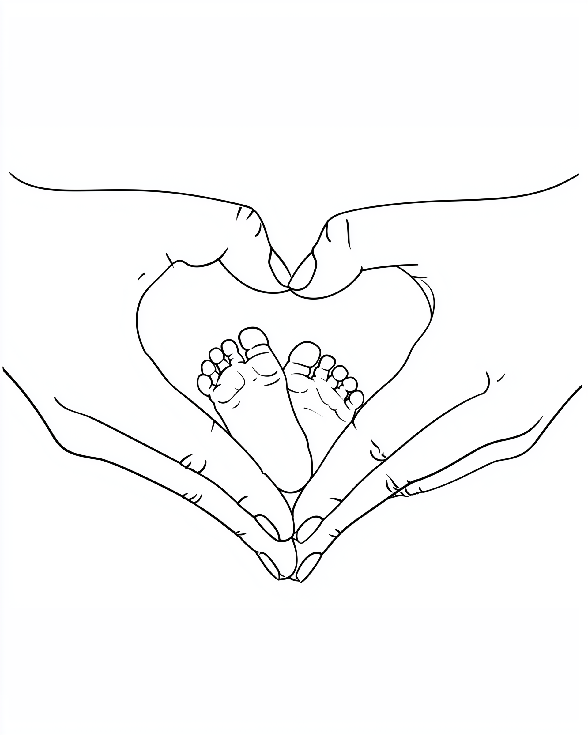 Line drawing of two adult hands forming a heart shape around a pair of tiny baby feet, expressing love, protection, and new beginnings.
