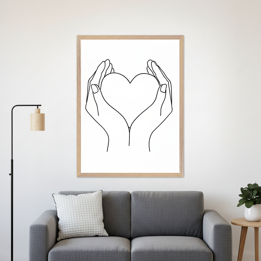 Modern living room with a gray sofa. Above it, a large light wood framed black line art print depicts hands cupping a heart. A floor lamp is on the left, a plant on a side table on the right.