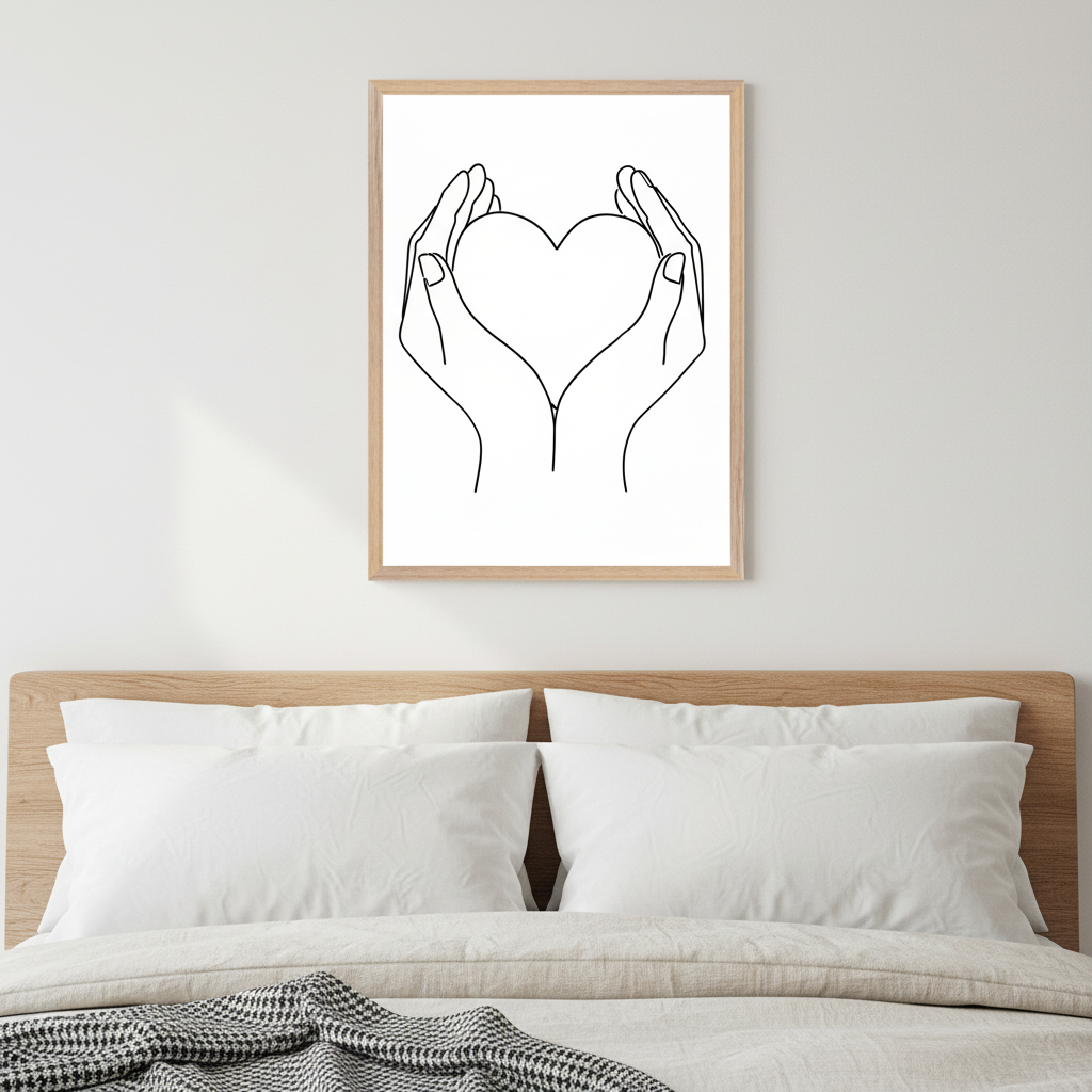 Modern bedroom with a light wood bed and white pillows. A framed minimalist line art drawing of hands forming a heart hangs centered above the bed.