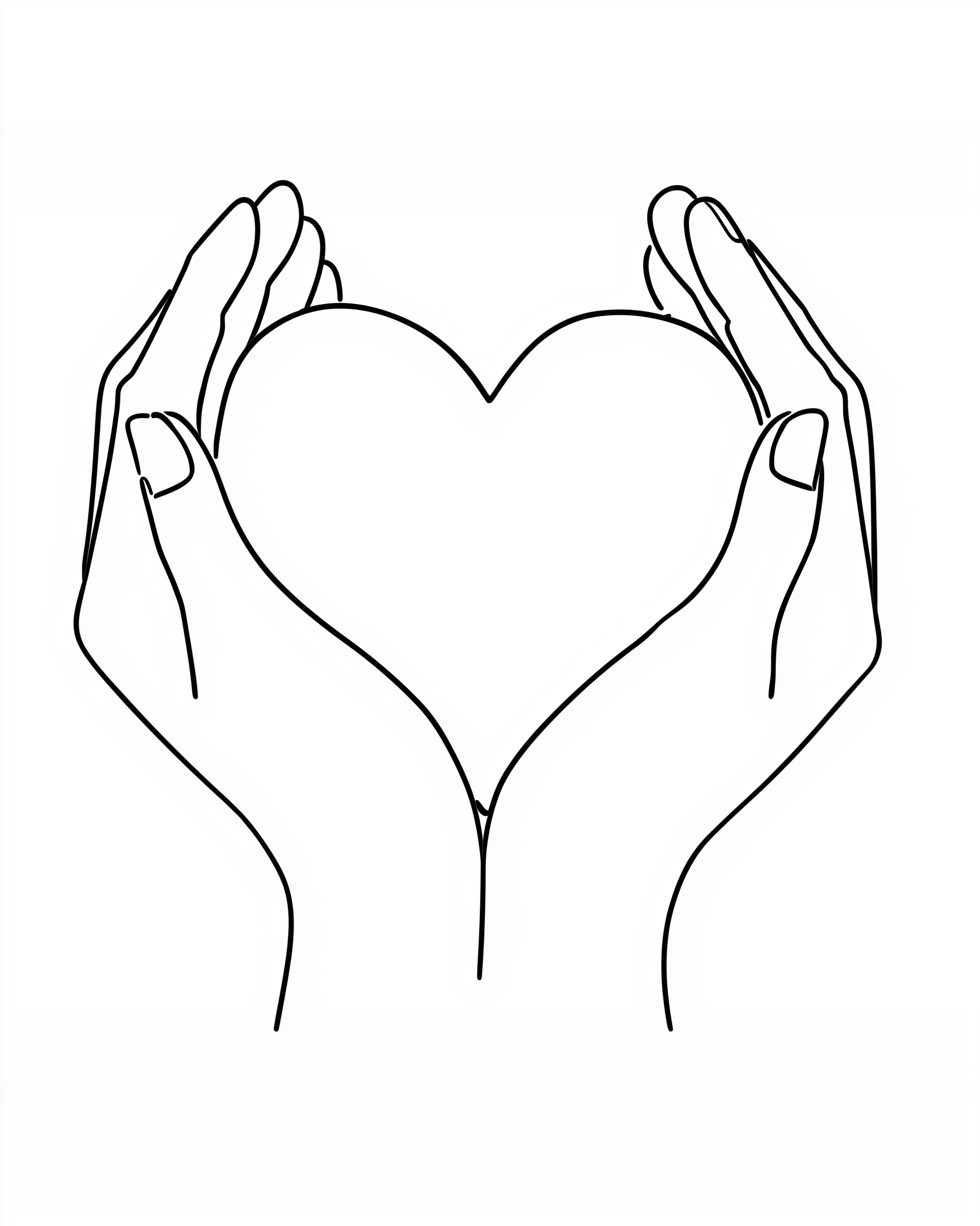 Line art illustration of two hands gently cupping a heart shape, symbolizing care, love, and compassion.
