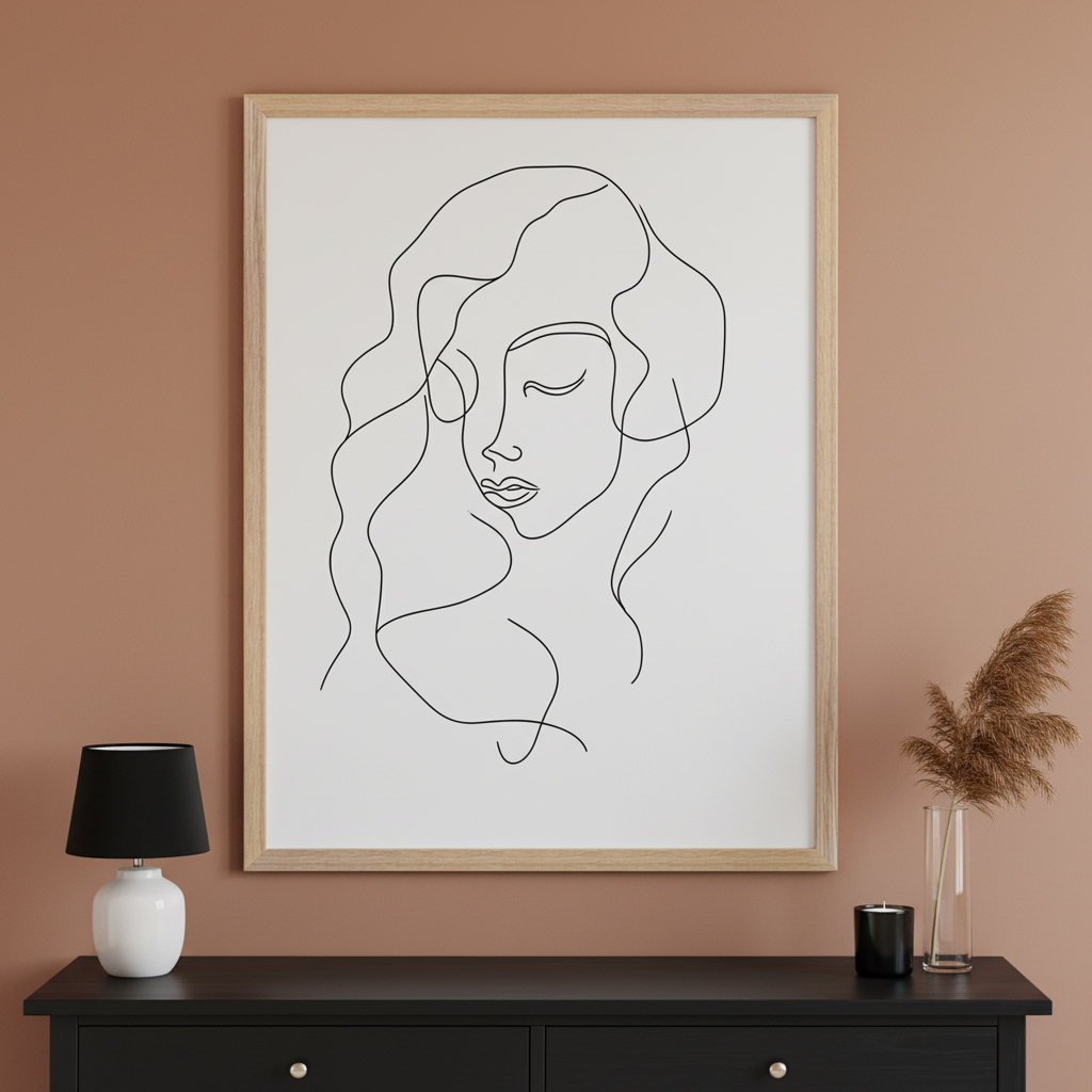 Modern room with a black dresser. A large, wood-framed black line art of a woman's head and shoulders with wavy hair and closed eyes hangs centered above the dresser. A white lamp, black candle, and dried grass in a vase are on the dresser.