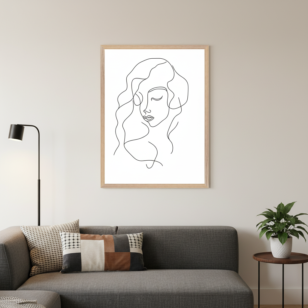 Modern living room with a grey sectional sofa, throw pillows, and a black floor lamp to its left. Framed line art of a woman's face with wavy hair and closed eyes hangs above the sofa. A potted plant sits on a small side table to the sofa's right.
