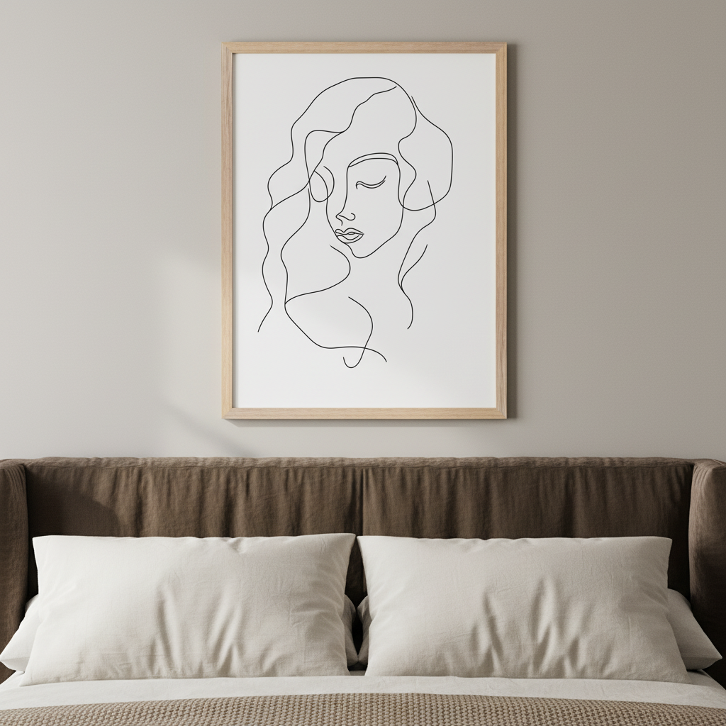 Modern bedroom with a bed featuring a brown headboard. A light wood-framed, minimalist one-line drawing of a woman's face with wavy hair looking down is centered above the bed.