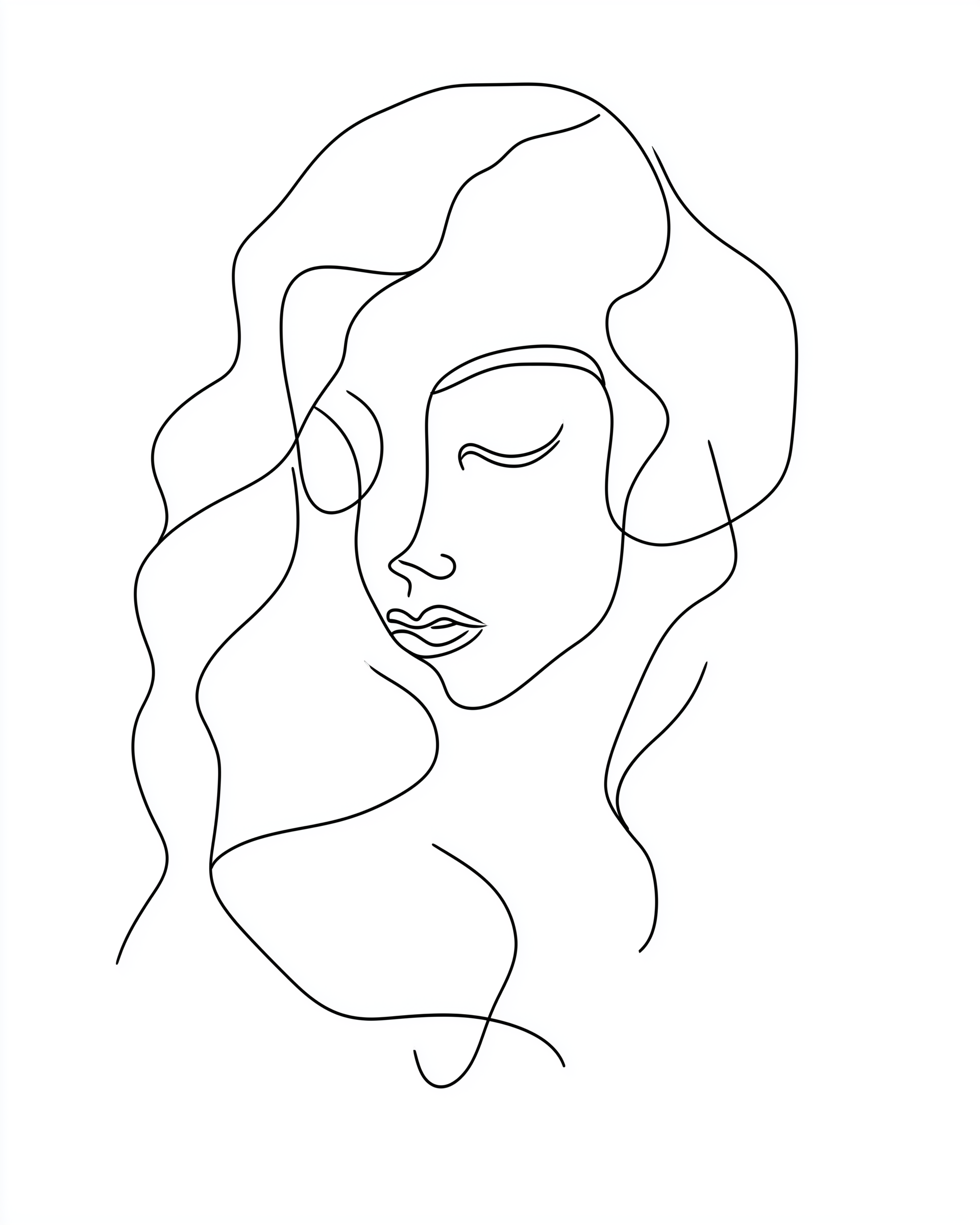 Minimalist line art drawing of a woman with closed eyes and long, flowing hair, exuding calm and elegance.
