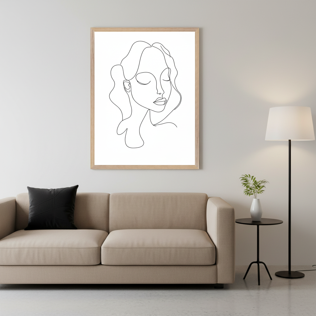 Modern living room with a beige sofa. A light wood-framed wall art featuring a black line drawing of a woman's face with closed eyes and wavy hair hangs above the sofa.