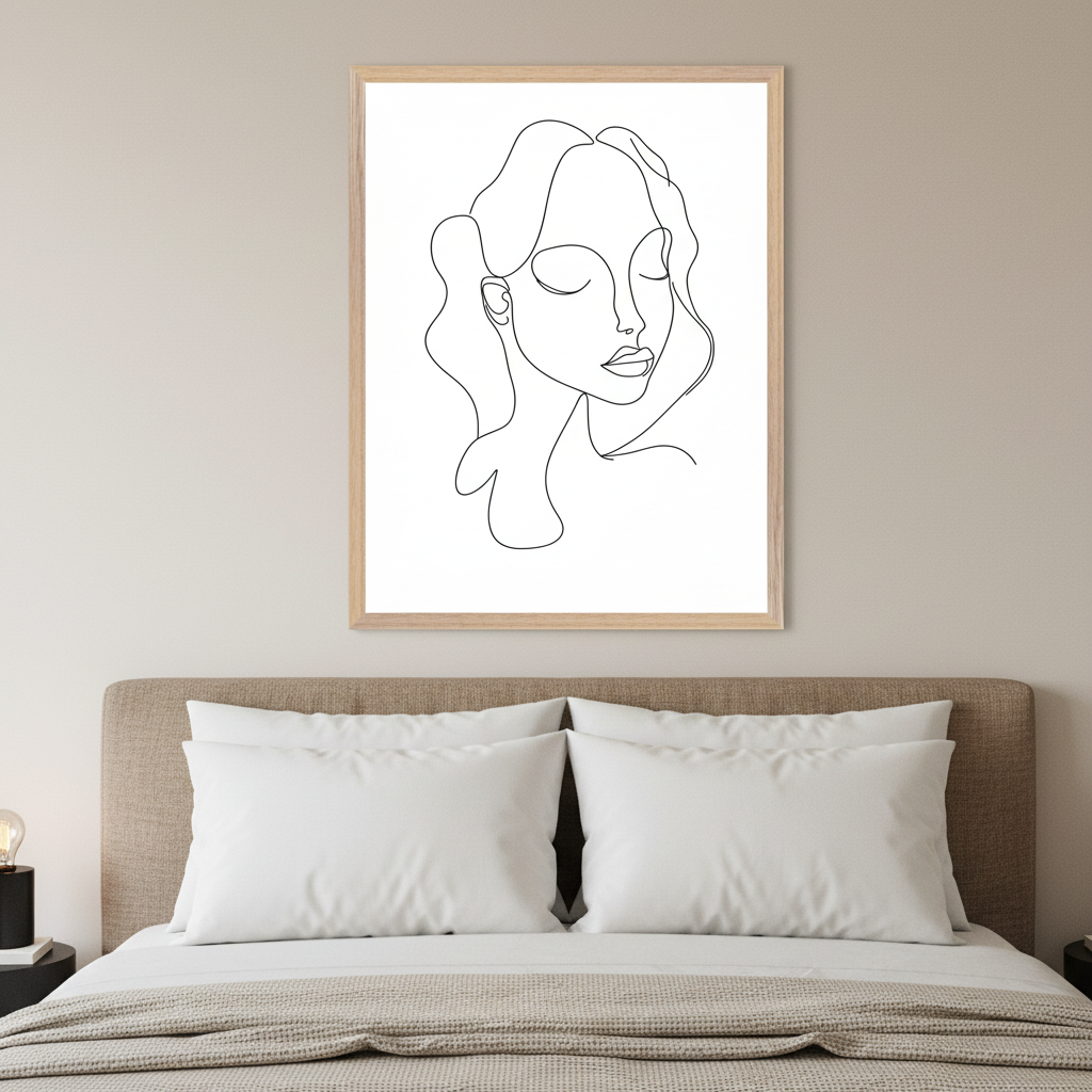 Modern bedroom with a bed featuring a brown upholstered headboard. Above the bed, a light wood framed black and white line art drawing of a woman's face with closed eyes and wavy hair hangs on a beige wall.