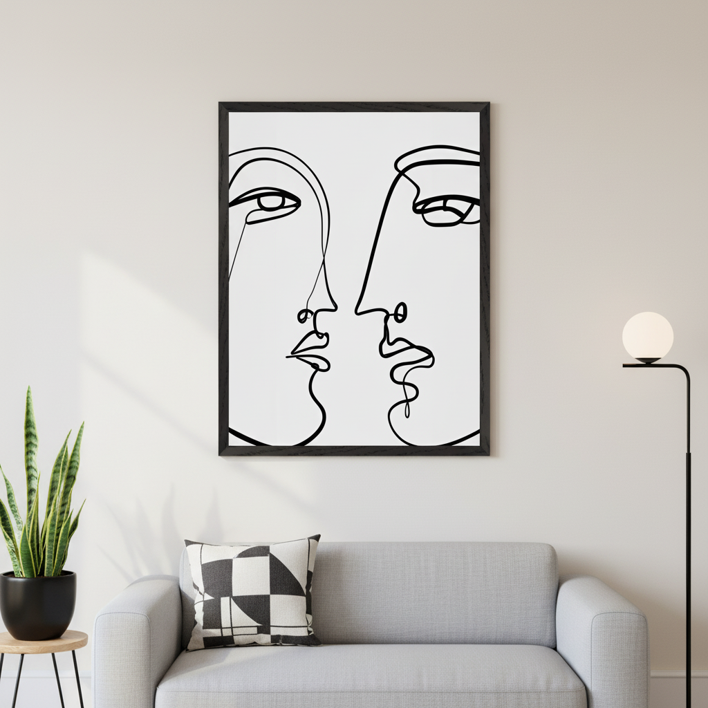 Modern living room with a light grey sofa. Above it hangs a large black-framed print of minimalist black line art depicting two faces in profile, almost kissing. A geometric pillow is on the sofa, a snake plant on a side table to the left, and a floor lamp to the right.