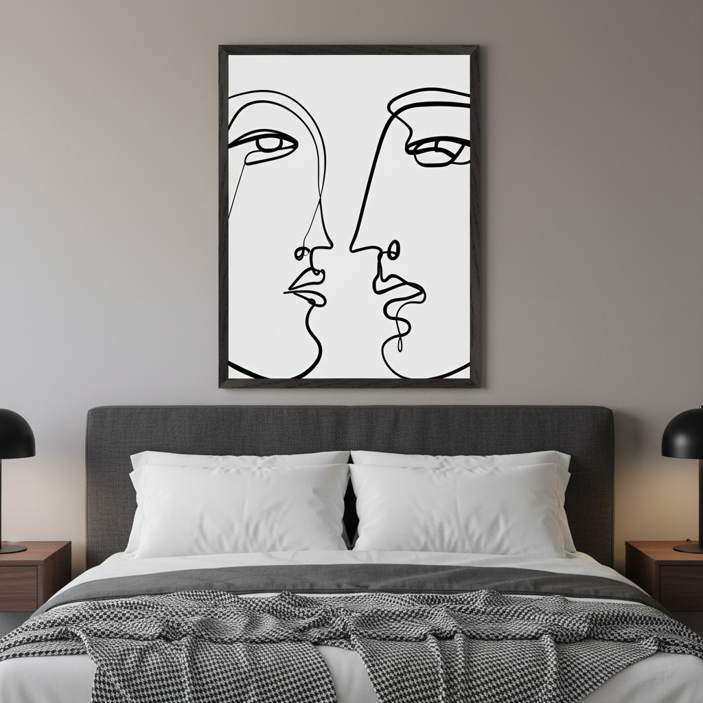 Modern bedroom with a gray upholstered bed. A large black-framed minimalist line art print depicting two faces in profile, almost kissing, on a white background hangs centered above the bed.