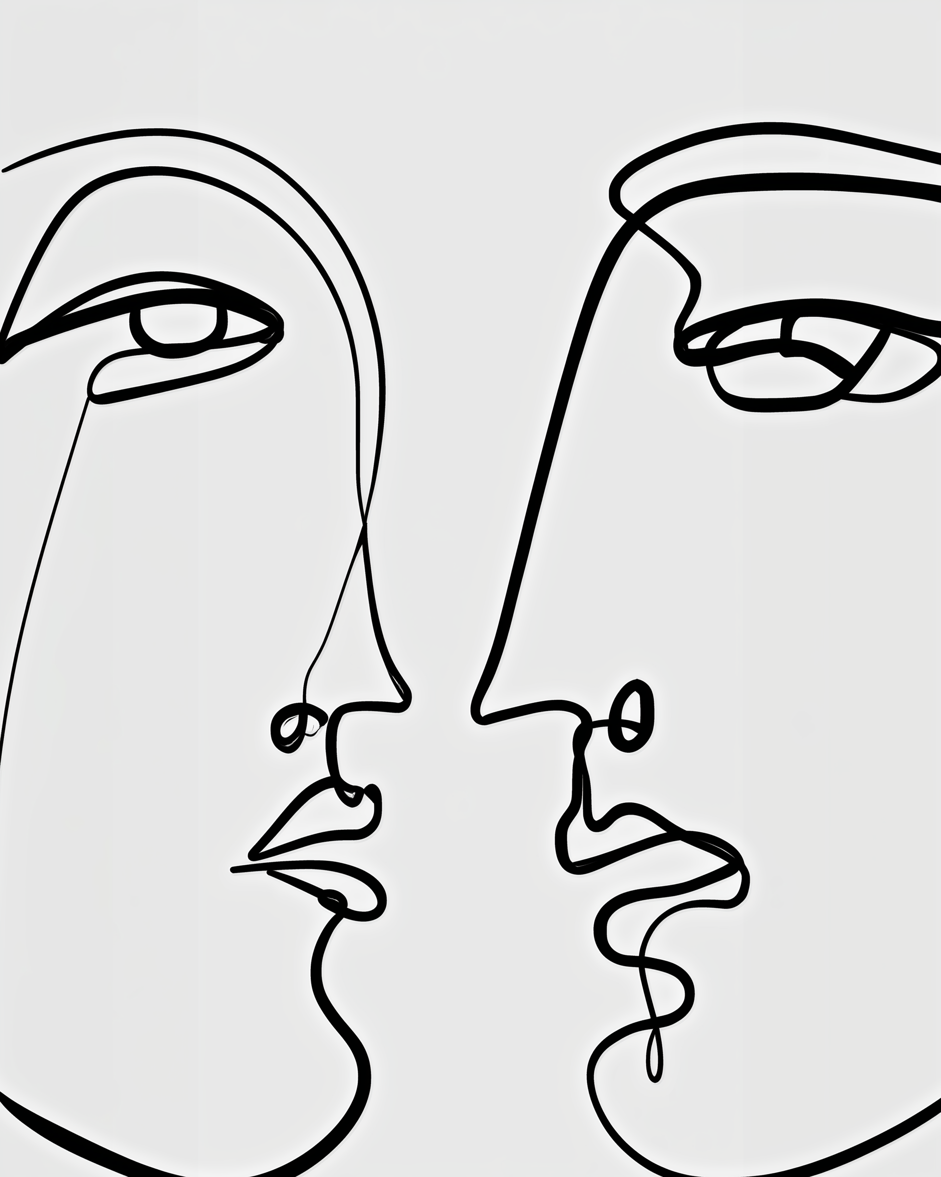 Contemporary one-line artwork of two human faces in profile, drawn facing each other in an intimate expression.
