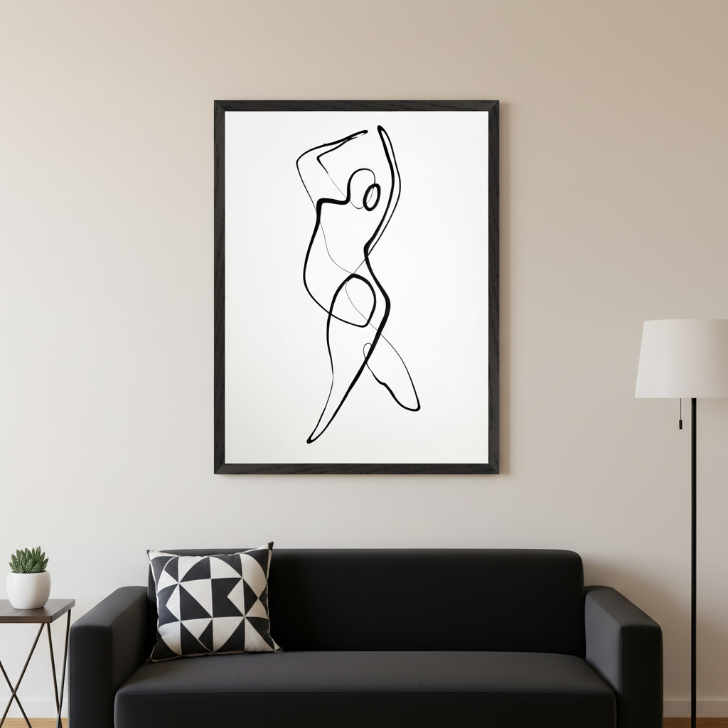 Modern living room featuring a black sofa with a geometric cushion. A large black-framed continuous line art of a figure with raised arms, mid-pose, hangs centered above the sofa. A side table with a succulent and a floor lamp are nearby.
