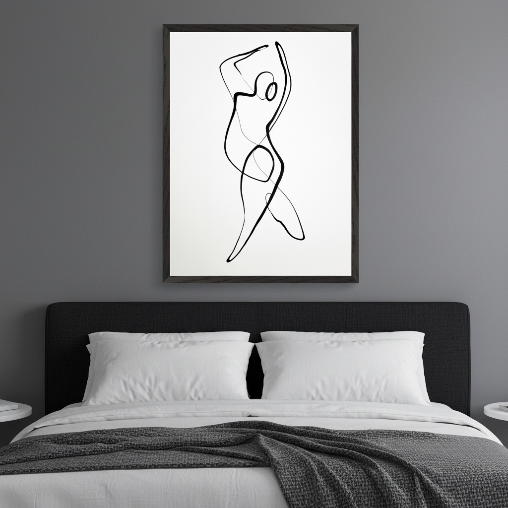 Modern bedroom with a bed featuring a dark headboard and white bedding. A black framed abstract one-line drawing of a dancing figure hangs centered above the bed.