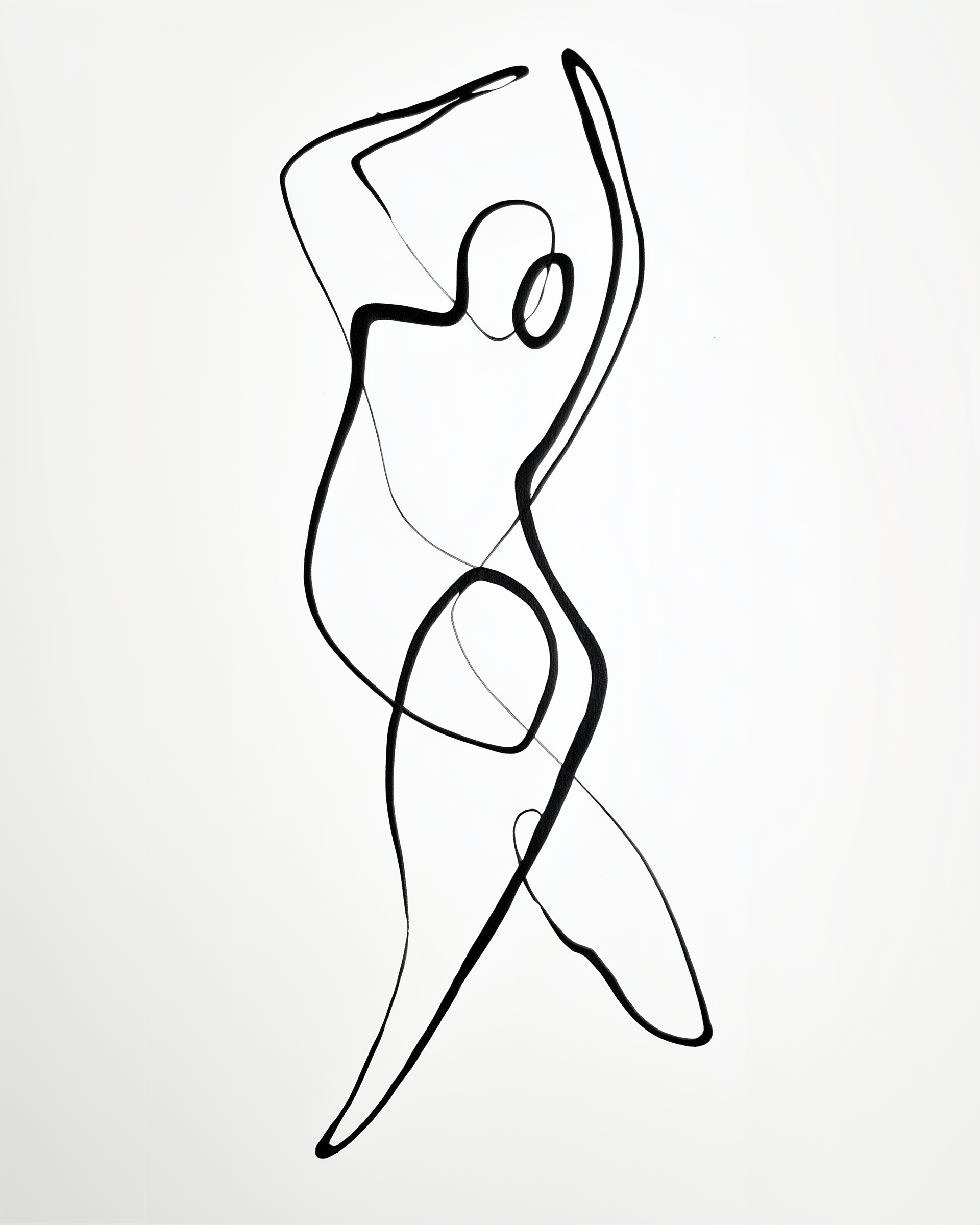 Single-line abstract sketch of a person dancing with arms raised, evoking movement and creative freedom.
