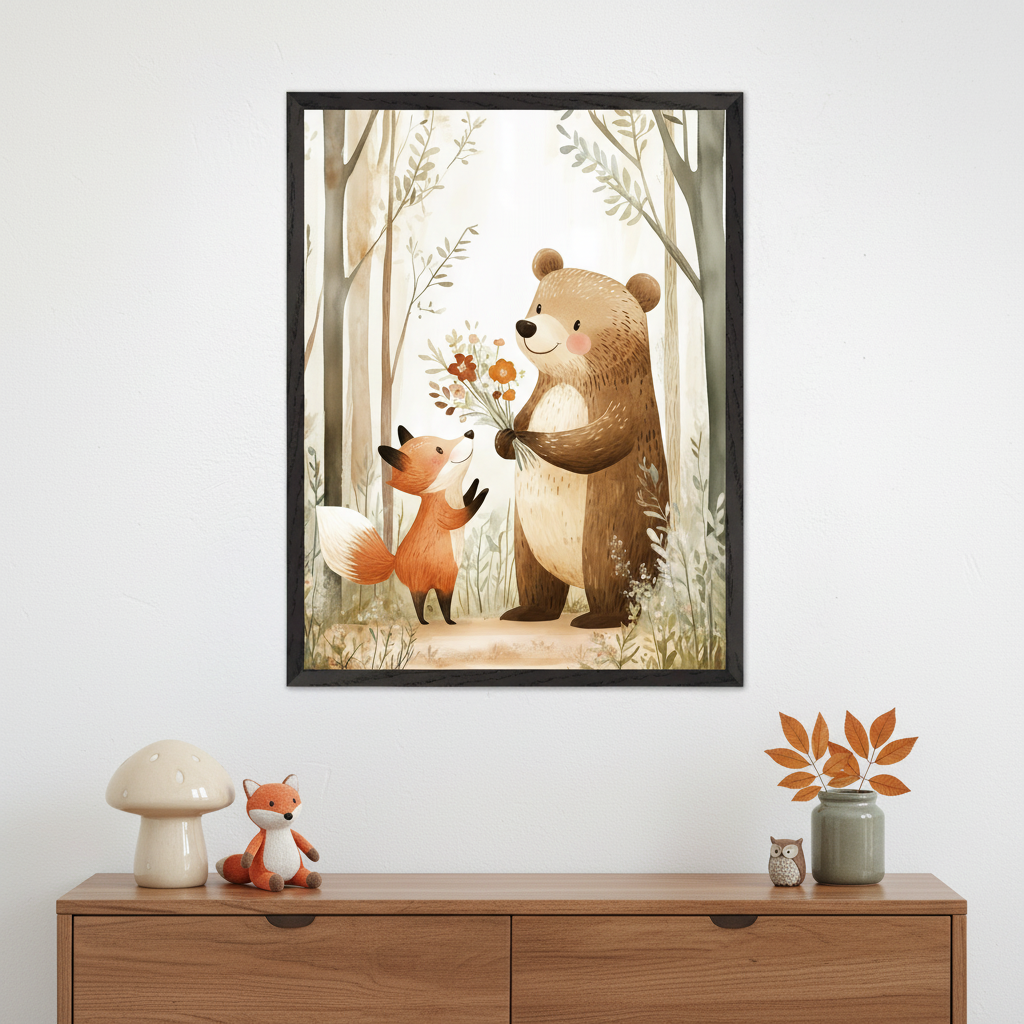 Modern kid's room with a framed watercolor print of a bear giving flowers to a fox in a forest, centered above a wooden dresser. A mushroom lamp, fox plushie, owl figurine, and vase with leaves decorate the dresser.