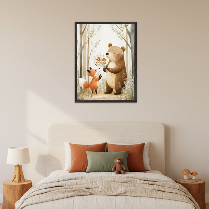 Kid's bedroom with a light wood bed and two stump side tables. Above the bed hangs a framed watercolor illustration of a fox giving flowers to a bear in a forest.