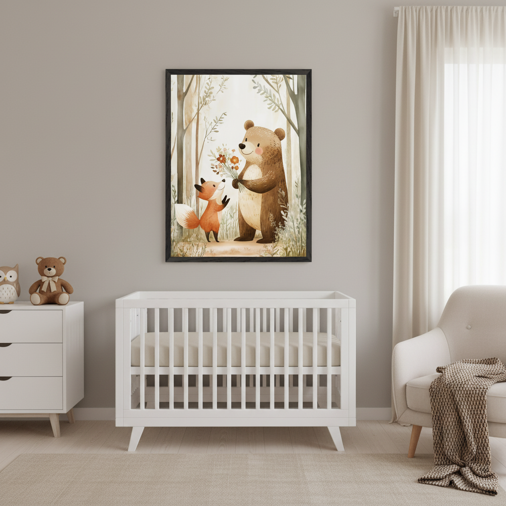 Modern nursery with a white crib, dresser, and light armchair. A large framed watercolor print of a bear giving flowers to a fox in a forest hangs centered above the crib.