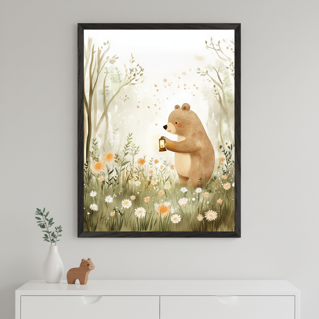 Modern room with a white dresser. A framed watercolor print of a smiling brown bear holding a lantern in a field of flowers and trees hangs above the dresser. A small plant in a white vase and a wooden bear figure sit on the dresser.
