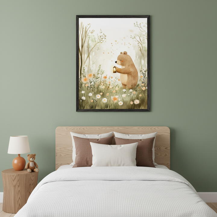 Modern bedroom with green walls. A wooden bed with white bedding has a large framed watercolor illustration of a brown bear holding a lantern in a wildflower field centered above it. A wooden nightstand with a lamp and teddy bear is to the left.