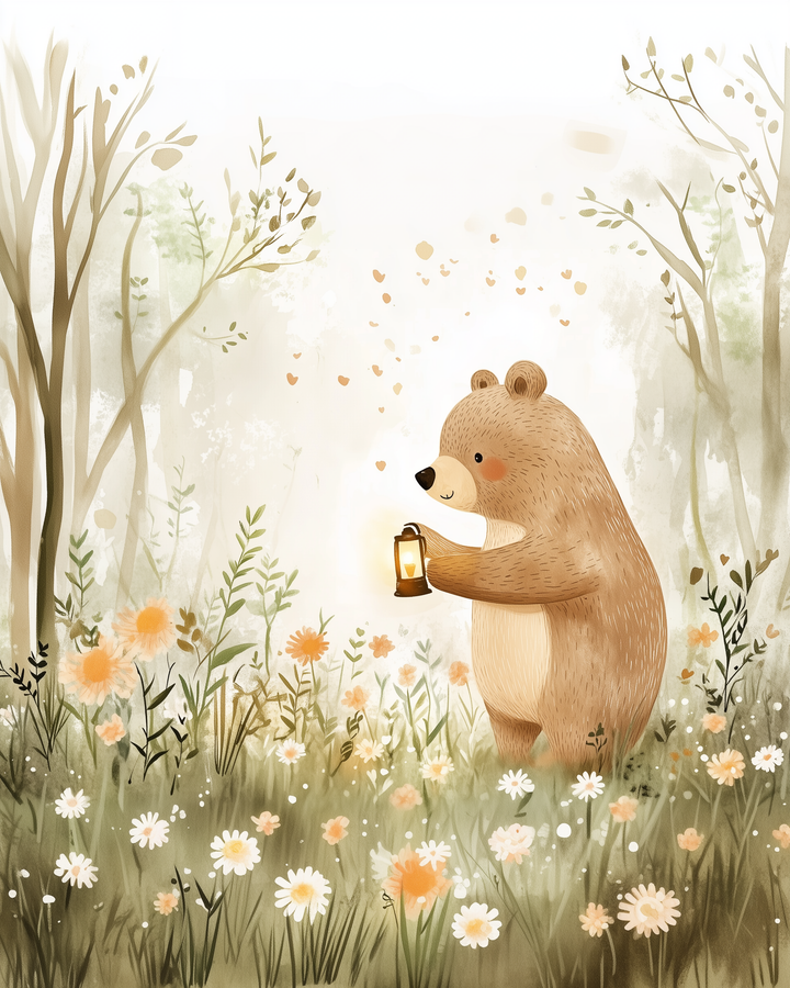 Adorable bear holding a glowing lantern surrounded by tall grass, daisies, and fluttering heart-shaped petals in a dreamy forest meadow.
