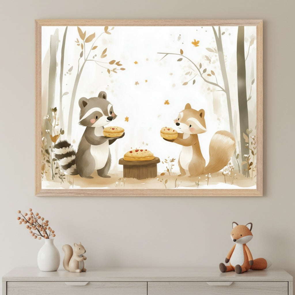 Kid's room with a light wood dresser. Centered above it, a framed watercolor painting shows a raccoon and squirrel holding pies in an autumn forest. On the dresser are a white vase with branches, a squirrel figurine, and a fox plush toy.