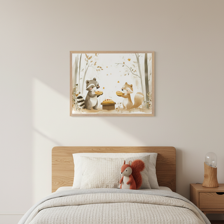 Modern kid's bedroom with a wooden bed, white bedding, and a squirrel plushie. A framed watercolor print of a raccoon and fox sharing pie in a forest is centered above the bed. A wooden nightstand with a lamp stands to the right.