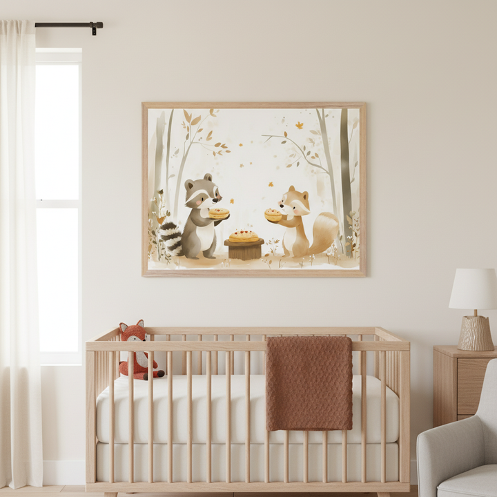 Modern nursery with a light wood crib and rust blanket. Above it, a large framed print displays a watercolor illustration of a raccoon and a fox holding pies in an autumn forest. A wooden nightstand with a lamp and a gray armchair are visible to the right.