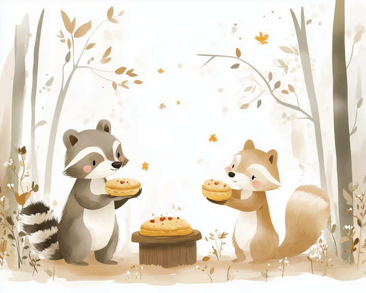 Charming raccoon and red panda stand in a forest clearing holding berry-topped pies with another pie on a tree stump between them.
