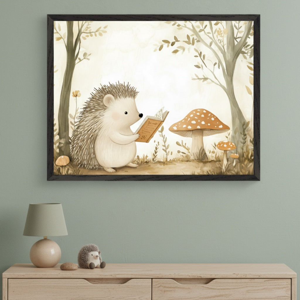 Modern nursery with a light wood dresser. A large black-framed watercolor print of a hedgehog reading in an autumnal forest with mushrooms hangs centered above the dresser. A lamp and toy hedgehog are on the dresser.