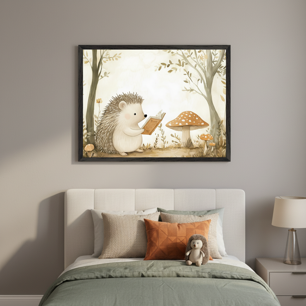 Modern kid's bedroom with a neutral bed, nightstand, and lamp. A large black-framed watercolor of a hedgehog reading in a forest with mushrooms hangs centered above the bed. A hedgehog plush toy rests on the bed.