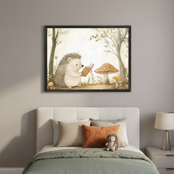 Modern kid's bedroom with a neutral bed, nightstand, and lamp. A large black-framed watercolor of a hedgehog reading in a forest with mushrooms hangs centered above the bed. A hedgehog plush toy rests on the bed.