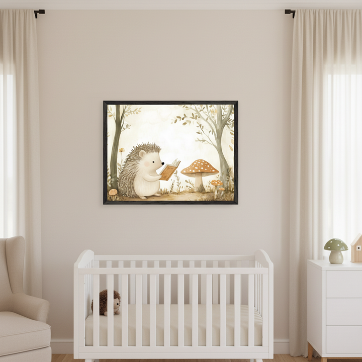 Modern nursery with a white crib. A large framed watercolor print of a hedgehog reading a book in a forest scene hangs centered above the crib. A light armchair is to the left, and a white dresser to the right.