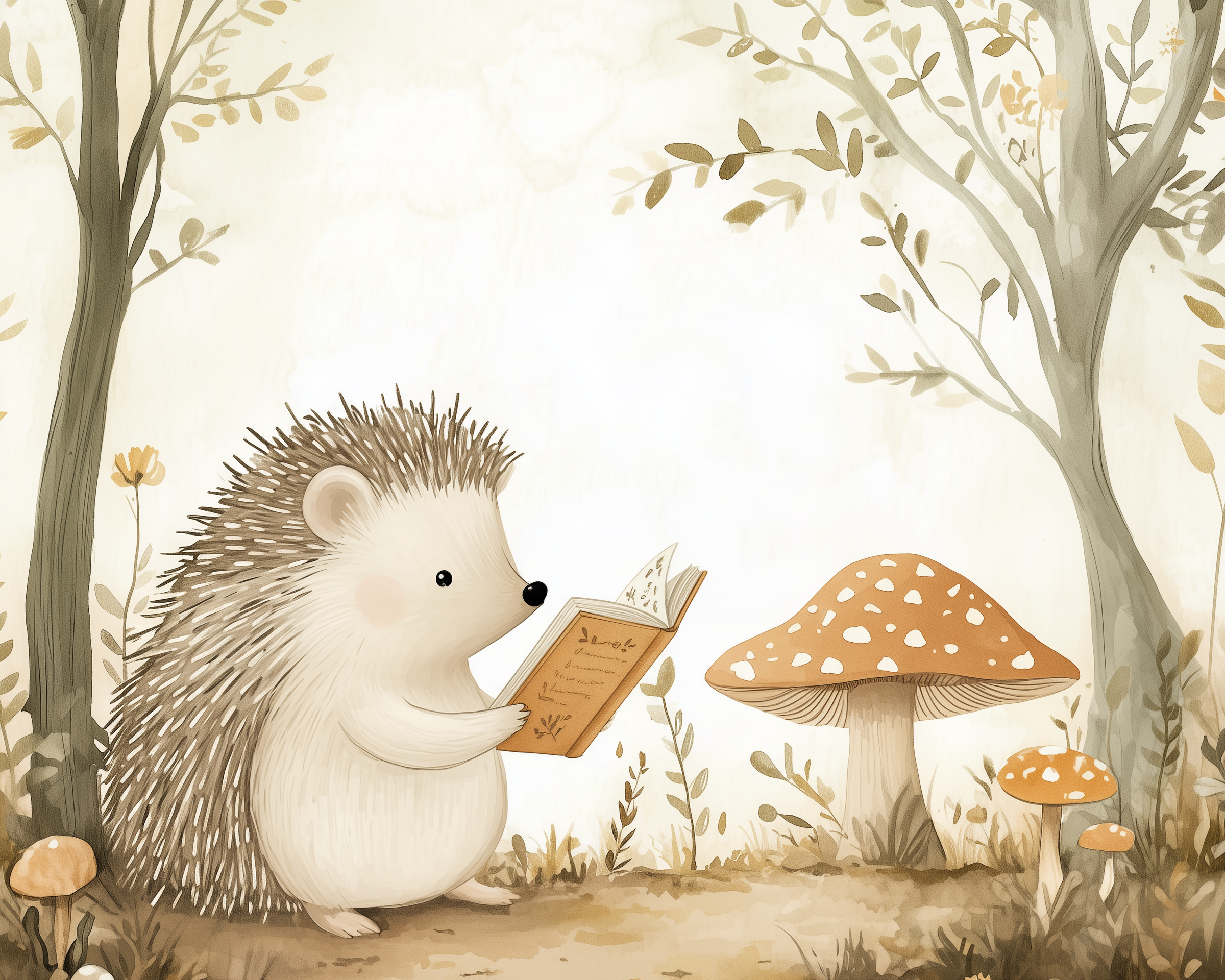 Sweet hedgehog sits by a red-capped mushroom reading a book in a whimsical woodland filled with soft greenery and gentle trees.
