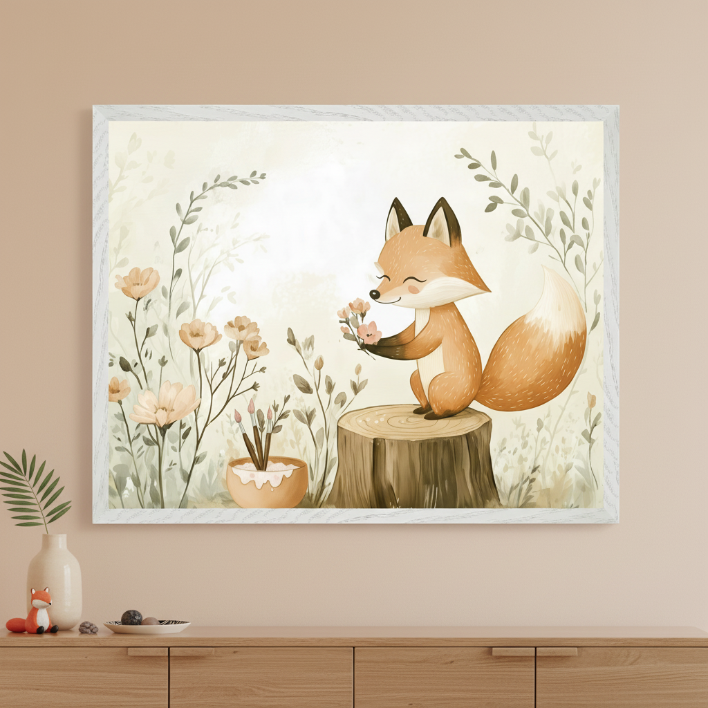 Nursery with a light wooden dresser. A large white-framed whimsical illustration of a smiling fox on a tree stump holding flowers, with plants and a pot of brushes, hangs centered above the dresser. A small fox figurine and a vase are on the dresser.