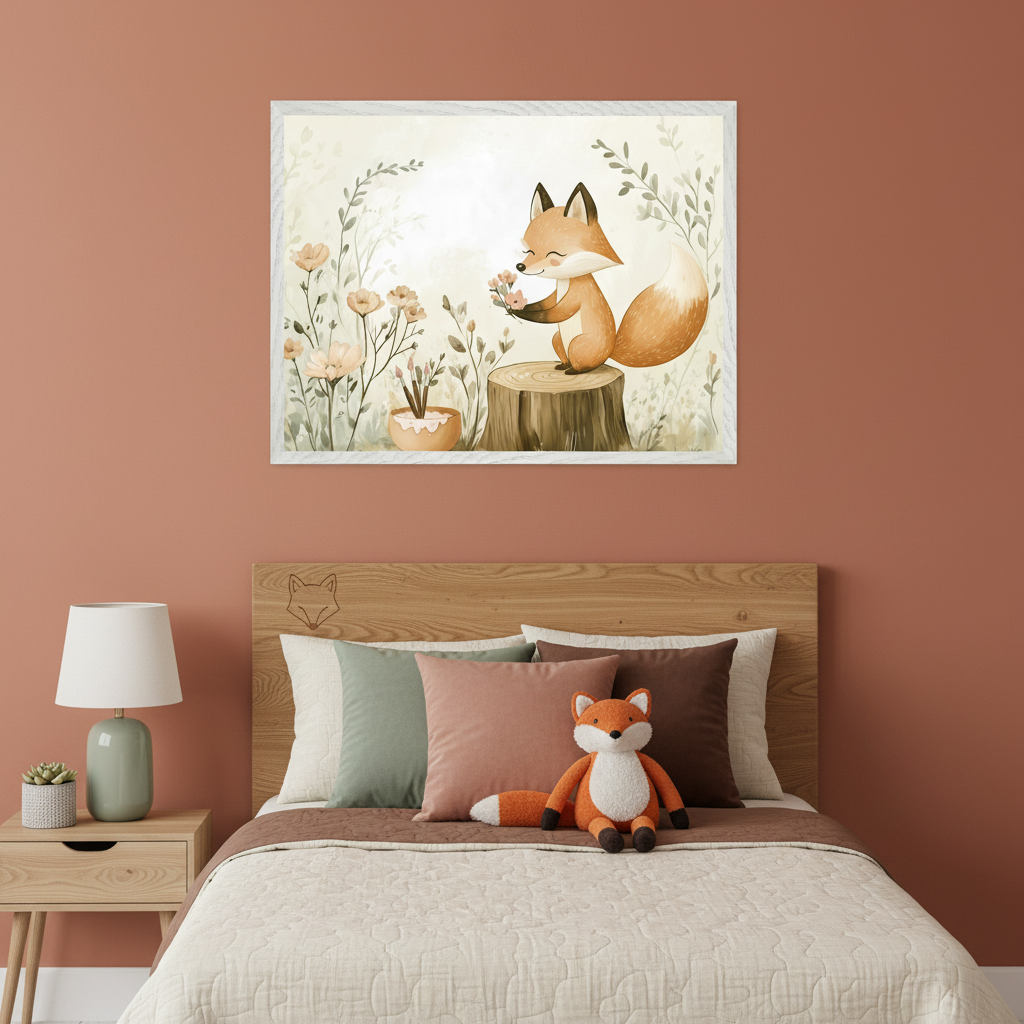 Kid's bedroom with a wooden bed and bedside table. A framed watercolor illustration of a fox holding flowers on a tree stump hangs centered above the bed.