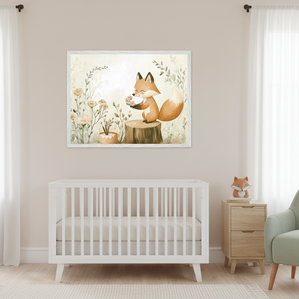 Nursery with a white crib, wooden nightstand, and light green armchair. A large framed watercolor illustration of a fox holding flowers on a tree stump in a forest scene hangs centered above the crib.