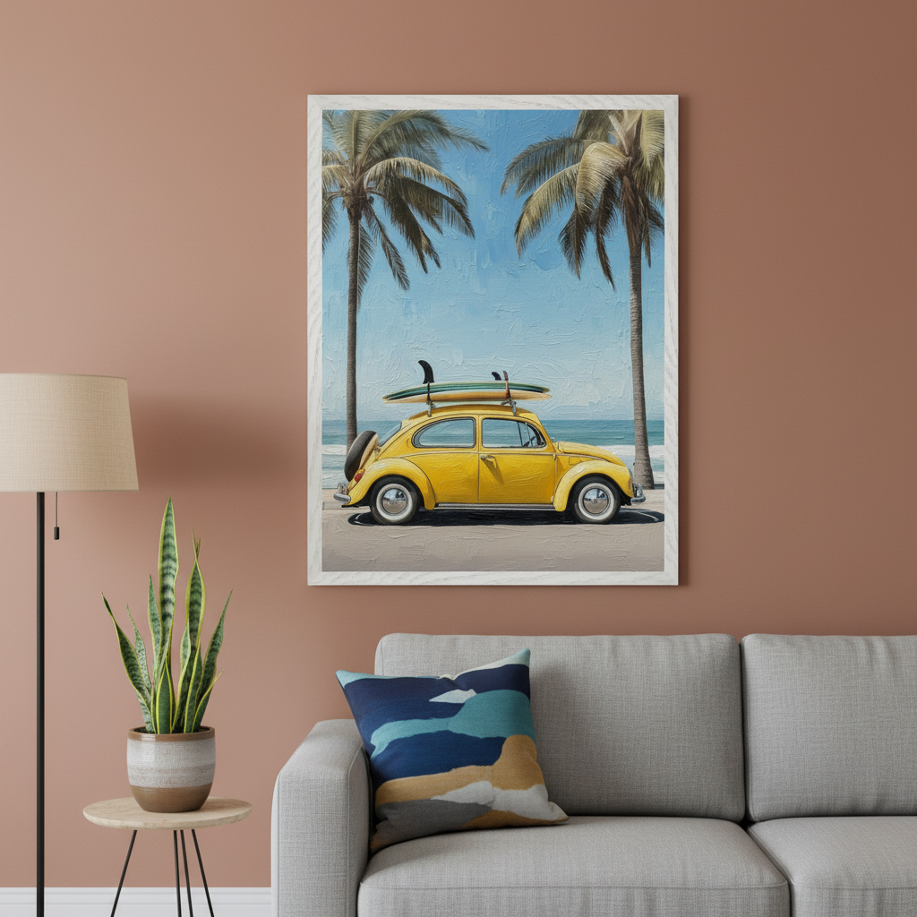 Modern living room with a gray sofa, floor lamp, and a plant on a side table. A large framed oil painting of a yellow VW Beetle with surfboards on a beach road with palm trees hangs above the sofa.