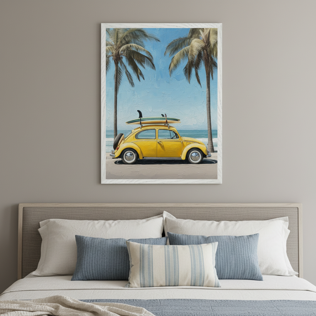 Modern bedroom with a bed and light gray headboard. A framed oil painting of a yellow vintage VW Beetle with two surfboards, parked by the ocean with palm trees, hangs centered above the bed.