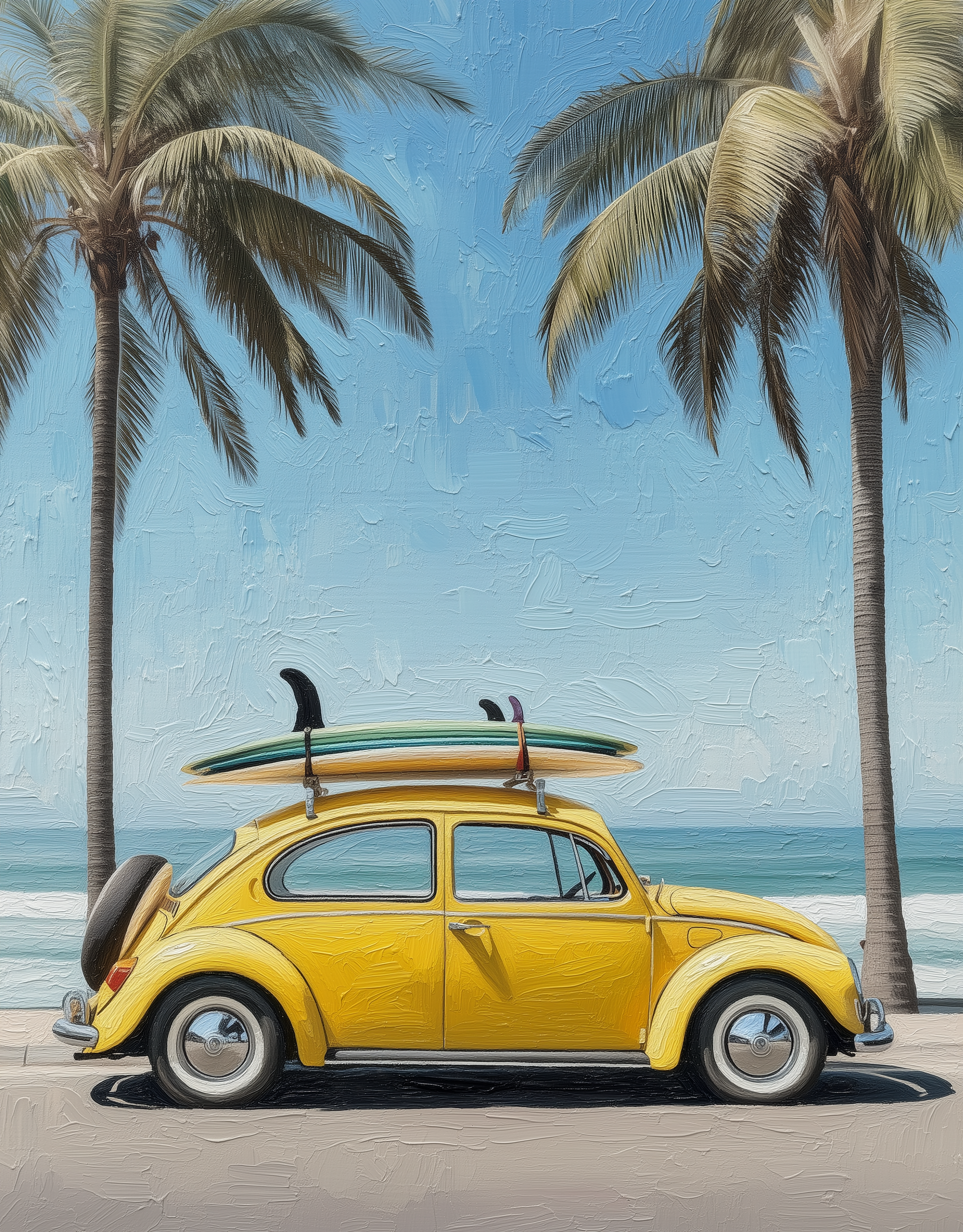 Bright yellow vintage car with two surfboards strapped on top, parked between palm trees along a sunny beachside road.
