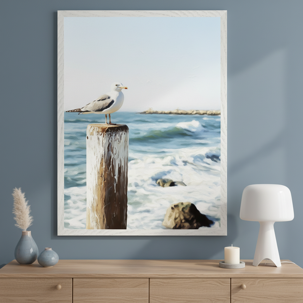 Modern room with a light wood console table. A large framed print in a painterly style, depicting a seagull on a wooden post in a blue ocean with waves, hangs centered above the table. A white lamp and candle sit on the table.