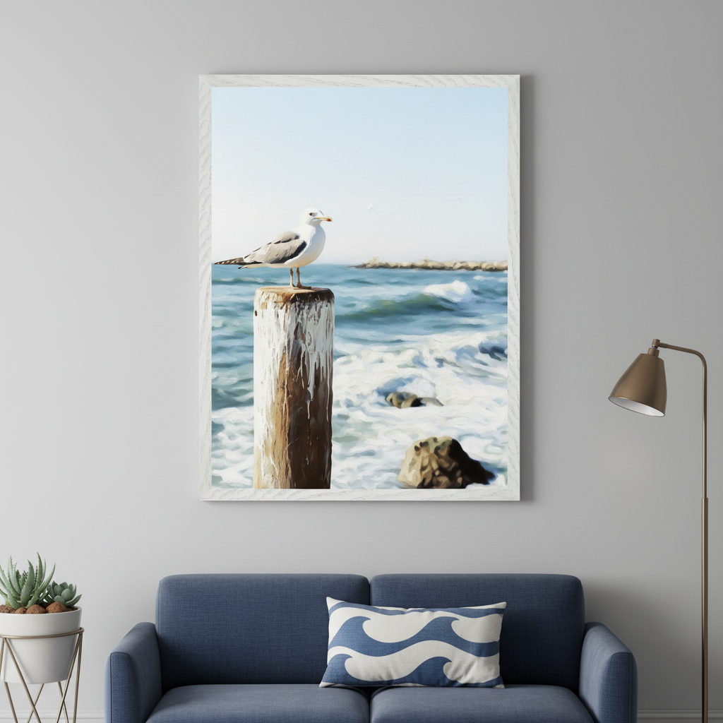 Modern living room with a blue sofa. A large framed painting of a seagull on a wooden post in the ocean, rendered in an impressionistic style, hangs centered above the sofa.
