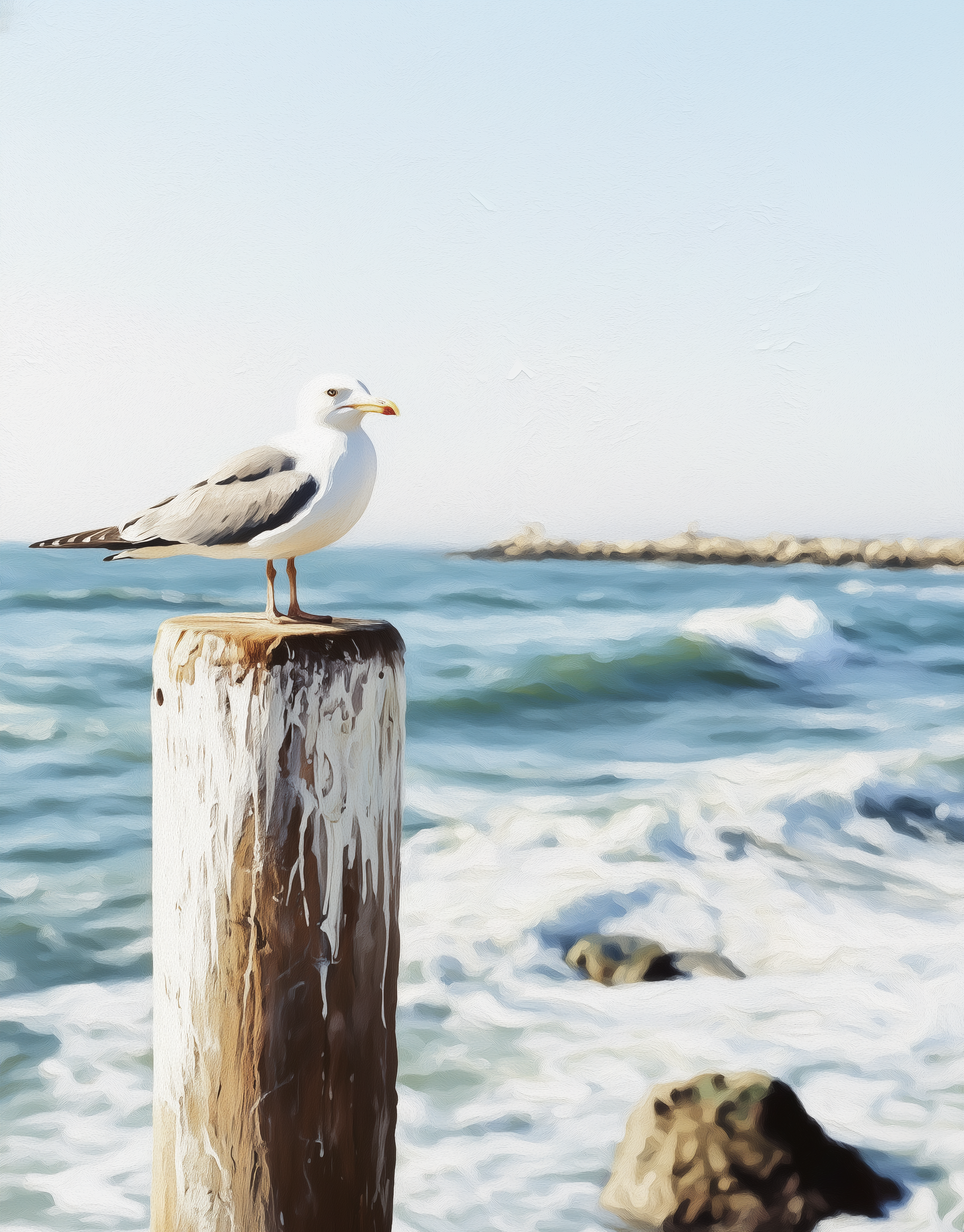 Close-up of a seagull standing on a weathered wooden post near crashing ocean waves with a clear sky overhead.
