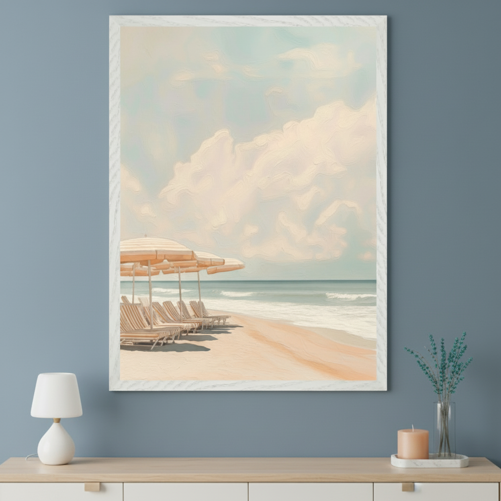 Modern room with a light wood and white console table. A large framed textured painting of a pastel beach scene with umbrellas and chairs hangs centered above the table.