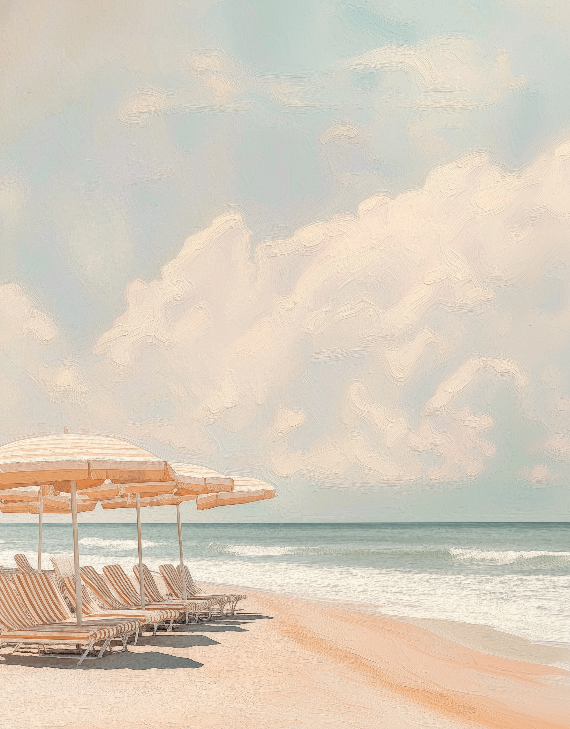 Striped umbrellas and beach chairs arranged neatly along a quiet sandy shore under soft, dreamy clouds.
